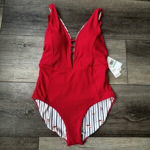 Jantzen Taylor Reversable Plunge Neckline Ruffle Sleeve One Piece Bathing Suit